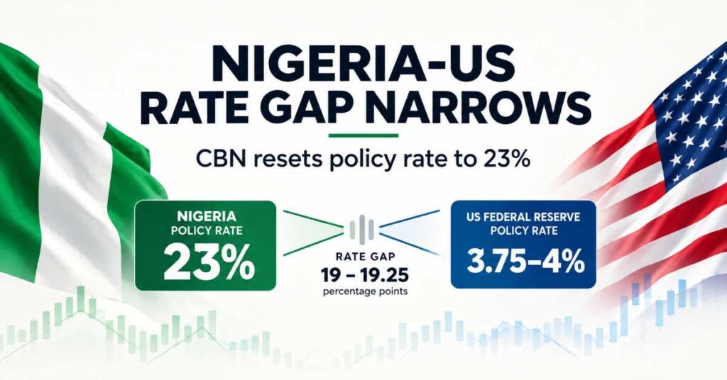 Nigeria-US rate gap narrows as CBN resets policy rate to 23%